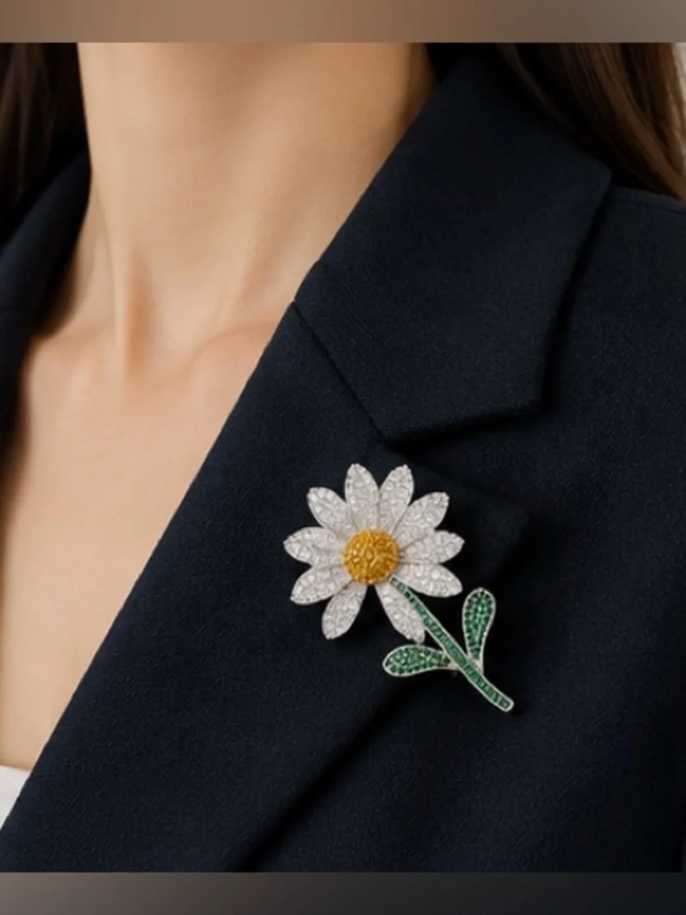 Anthropologie Daisy Crystal Brooch in White, Gold & Green